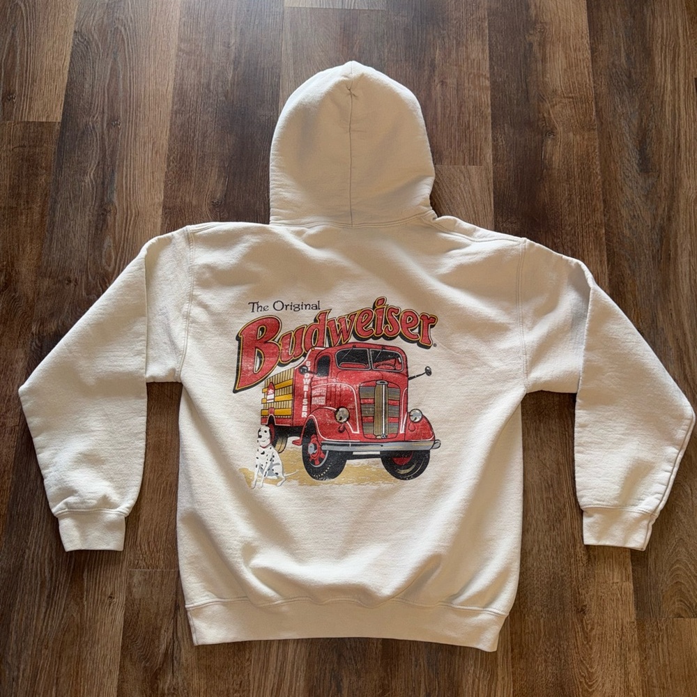 Budweiser Men's Cream Hoodie with Red Graphic size M